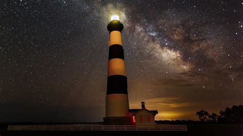 Wallpaper Nature Landscape Light House Trees Forest Night Stars