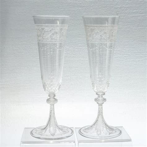 Pair Of Antique Stourbridge Etched And Engraved Glass Champagne Toasting Flutes For Sale At 1stdibs