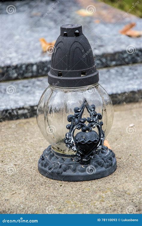 Votive Candles Lantern On The Grave In Slovak Cemetery All Saints Day