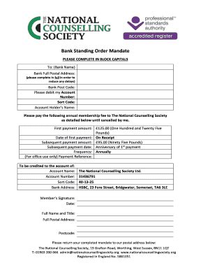 Fillable Online Nationalcounsellingsociety Bank Standing Order Mandate