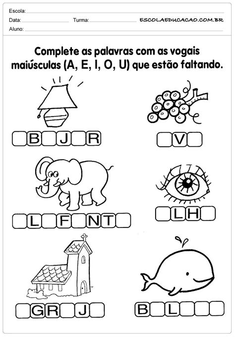 Atividades Vogais Complete as Vogais Escola Educação