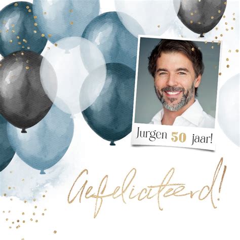 Verjaardagskaart Ballonnen Confetti Blauw Goud Kaartje Go