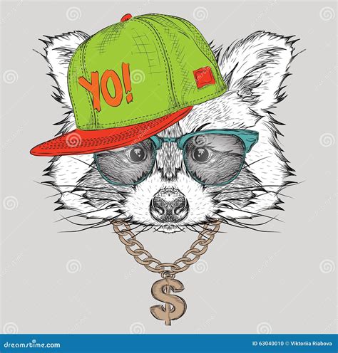 The Poster With The Image Raccoon Portrait In Hip Hop Hat Vector