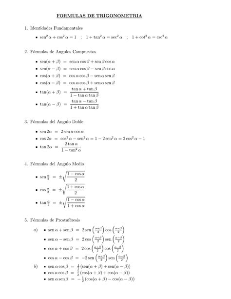 Formulario Identidades Trigonométricas FORMULAS DE TRIGONOMETRIA