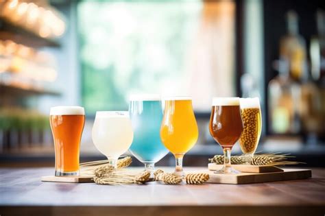 Premium Photo Wooden Table With Various Craft Beers In Pint Glasses