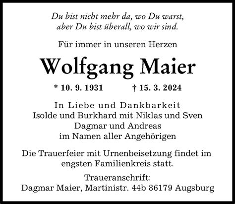 Traueranzeigen Von Wolfgang Maier Augsburger Allgemeine Zeitung