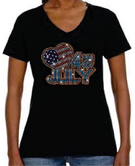 Rhinestone Womens T Shirt Big Heart 4th Of July JRW 677 S Women