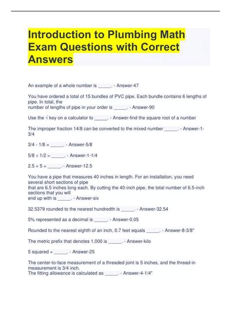 Introduction to Plumbing Math Exam Questions with Correct Answers