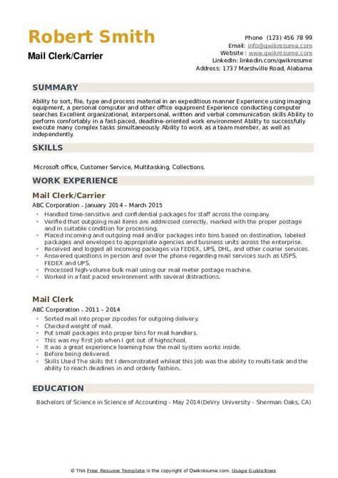 Mail Clerk Resume Samples Qwikresume