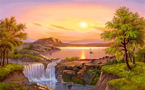 Waterfall Sunset River Forest Nature Landscape Sun