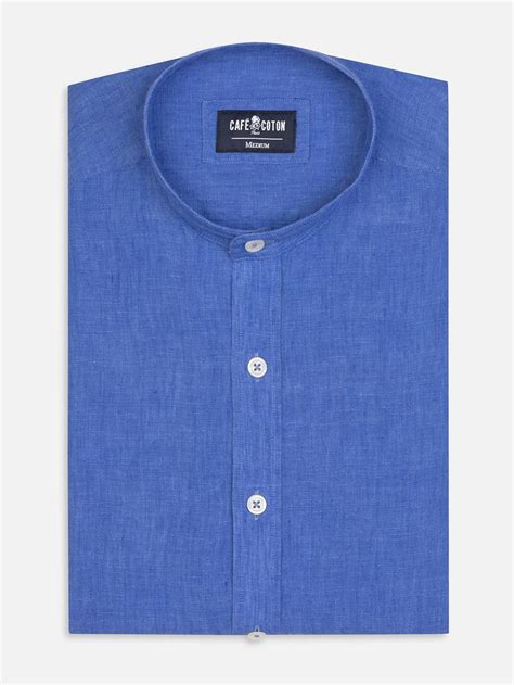 Chemise Col Mao Olaf En Lin Indigo Bleu Lin Monsieur