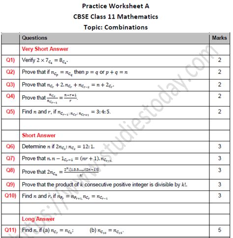 Cbse Class 11 Maths Combinations Worksheet Set A Worksheets Library