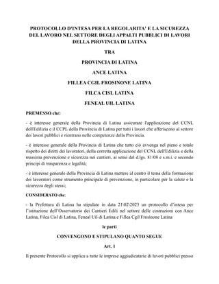 Protocollo Appalti Provincia Di Latina Pdf