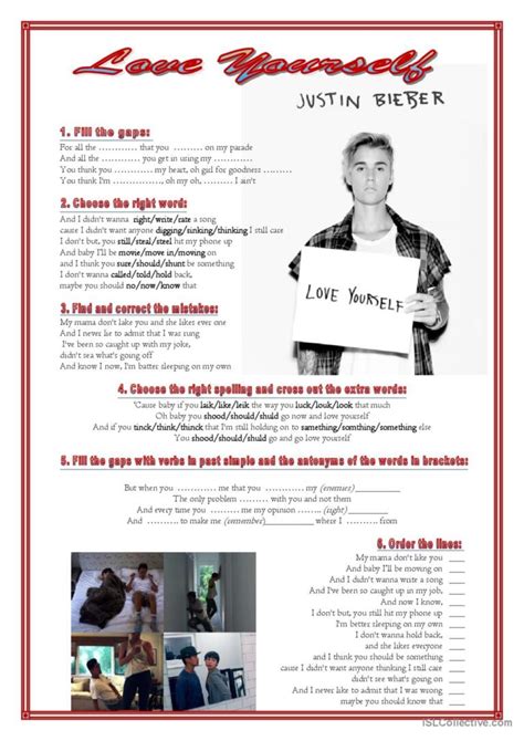 Song Love Yourself Justin Bieber S English ESL Worksheets Pdf Doc