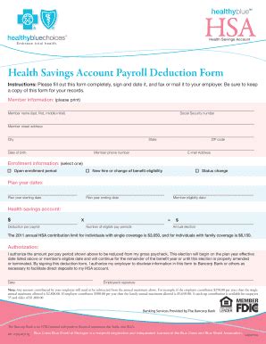 Fillable Online Health Savings Account Payroll Deduction Form Healthy