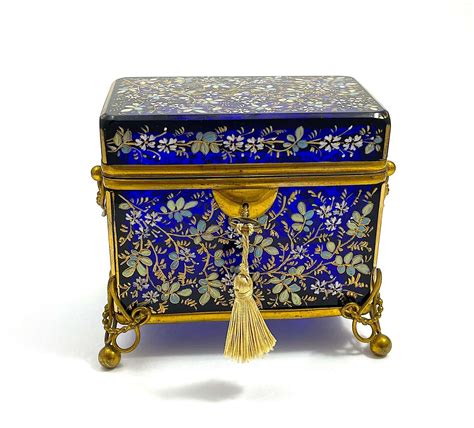 Large Antique Moser Cobalt Blue Glass Casket Box With Enamel Flowers