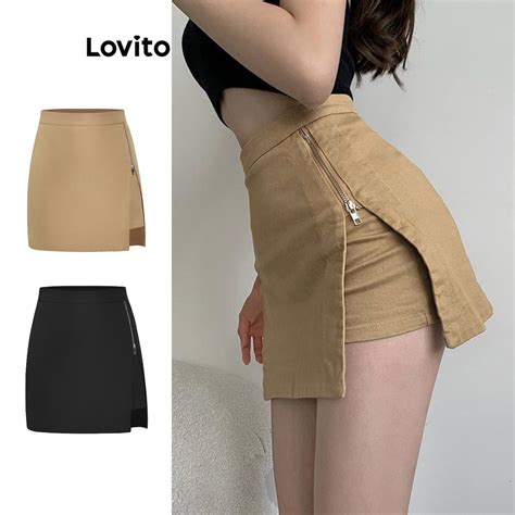 Lovito Shorts Preppy Lisos Con Cremallera Dividida Para Mujer L Ed