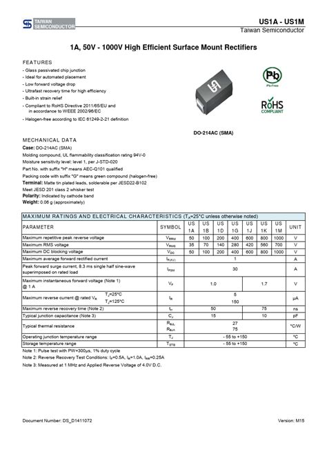 Us M Datasheet High Efficient Surface Mount Rectifiers