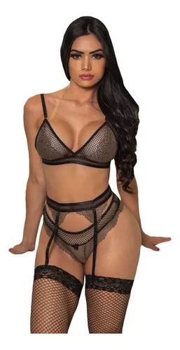 Conjunto Lingerie Sexy Renda Completa Luxo Sensual Meias