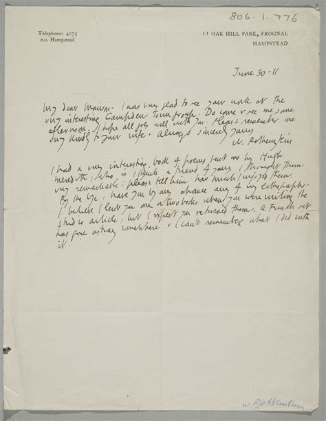 William Rothenstein Letter To James Bolivar Manson The Camden Town