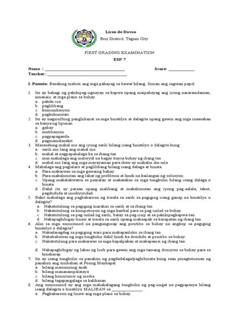 Esp 7 1st Quarter Exam Pdf