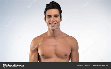 Portrait Beautiful Nude Naked Man Smiling Showing White Teeth Looking
