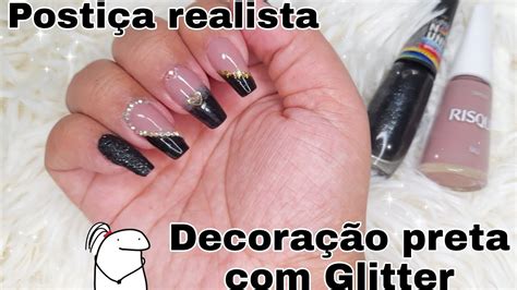 Postiça realista esmalte preto gliter strass YouTube