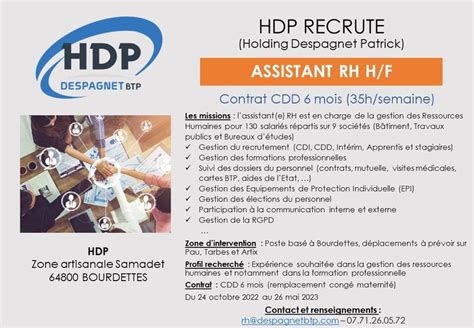 Nous Recrutons Assinstant Rh Hf Cdd 6 Mois Despagnet Travaux