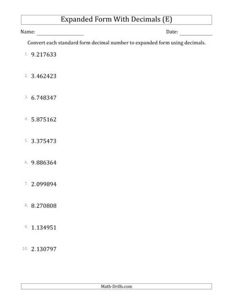 Converting Standard Form Decimals To Expanded Form Using Decimals 1 Digit Before The Decimal 6