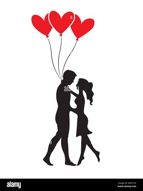 Silueta de pareja sosteniendo globos de corazón rojo Vector Siluetas