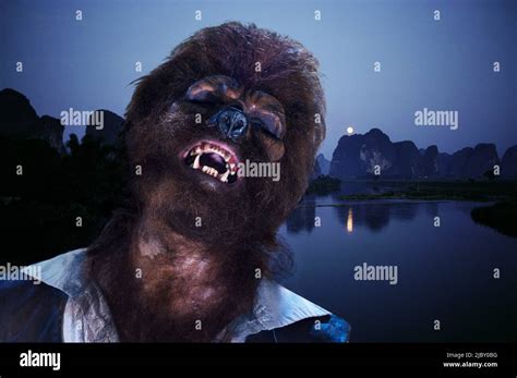 Wolfman Howling At The Moon Standing On Rocks In Front Of Lake At Night