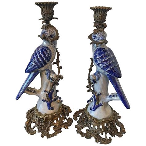 Pair Large Ceramic Blue Parrot Birds Candleholders Brass Tropical Ornate At 1stdibs Bird