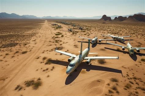 Premium Photo | Aerial view of abandoned planes lined up in desert ...