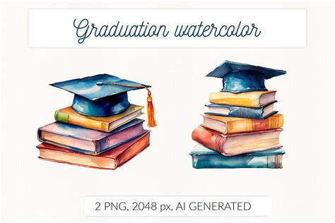 Watercolor Graduation Cap With Books Vintage Watercolor By