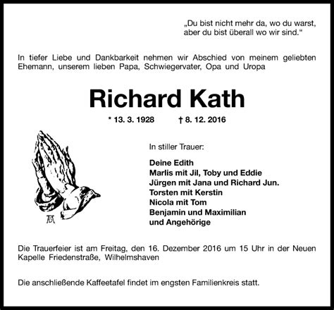 Traueranzeigen Von Richard Kath Nordwest Trauer De