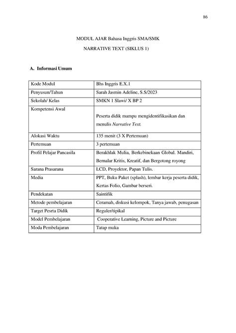 Modul Narrative Text PPL 2 Siklus 1 A Informasi Umum MODUL AJAR