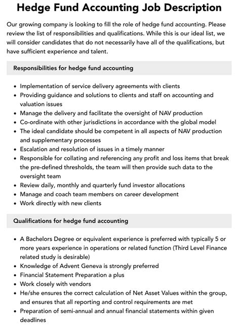 Hedge Fund Accounting Job Description Velvet Jobs