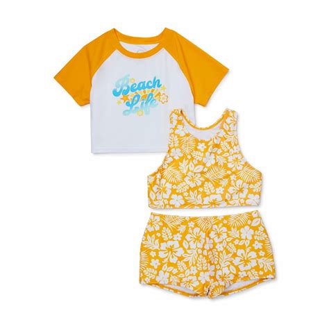 Wonder Nation Nias Cremallera Delantera Rashguard Con Bikini Superior Y Traje De Bao Inferior