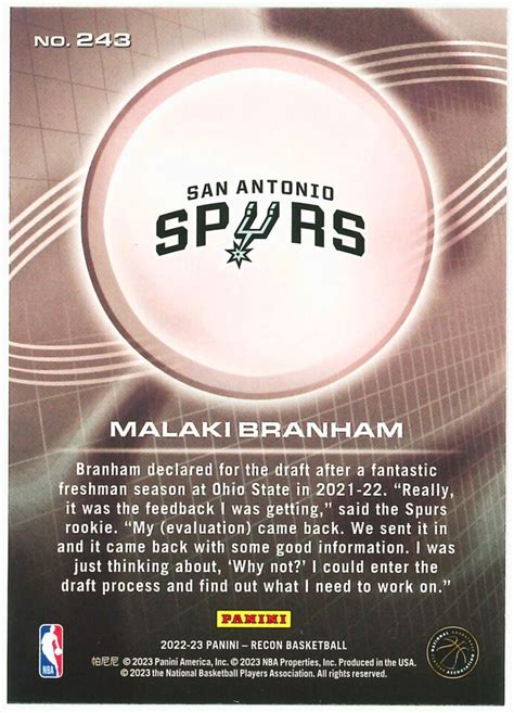 MALAKI BRANHAM 2022 23 PANINI RECON ROOKIE CARD RC NO 243 SAN ANTONIO