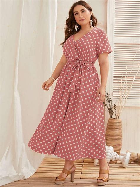 Plus Polka Dot Belted A Line Dress Polka Dot Dress Outfit Polka Dot