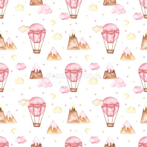Watercolor Seamless Pattern With Pink Hot Air Balloons Clouds Mountains Stars For A Girl On A
