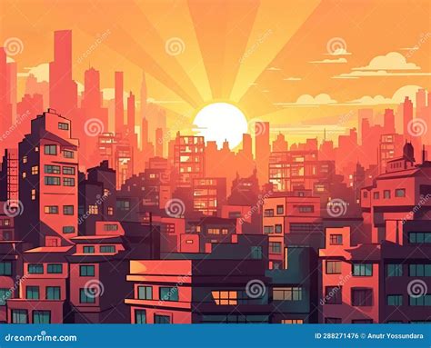 Densed City Skyline Building With Sunset For Cartoon And Game