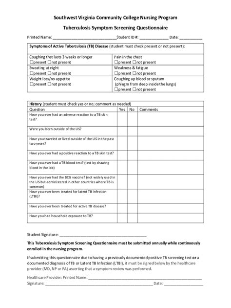 Fillable Online Tuberculosis Symptom Screening Questionnaire SWCC