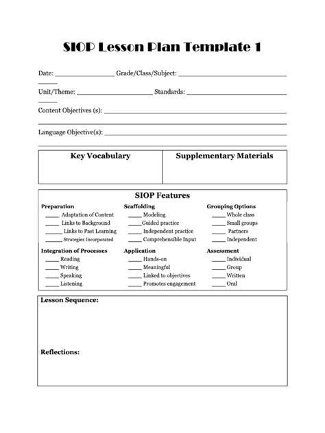 Siop Lesson Plan Templates 1 2 Pdf