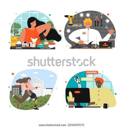 People Prosthesis Flat Vector Scene Set Stock Vector Royalty Free