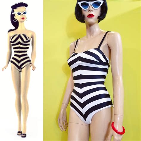 Barbie X Unique Vintage Black White Chevron Stripe One Piece Bathing