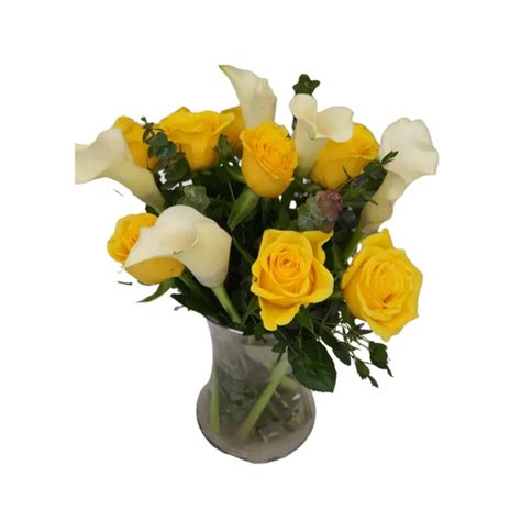 Eternity Calla Lilies Yellow Roses In Vase Inbloom Id