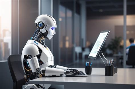 Robot Humanoide Usando Computadora Tableta En La Oficina Del Futuro