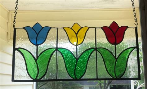 Stained Glass Window Panel Suncatcher Spring Tulips Approx Etsy