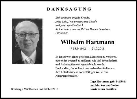 Traueranzeigen Von Wilhelm Hartmann Vrm Trauer De